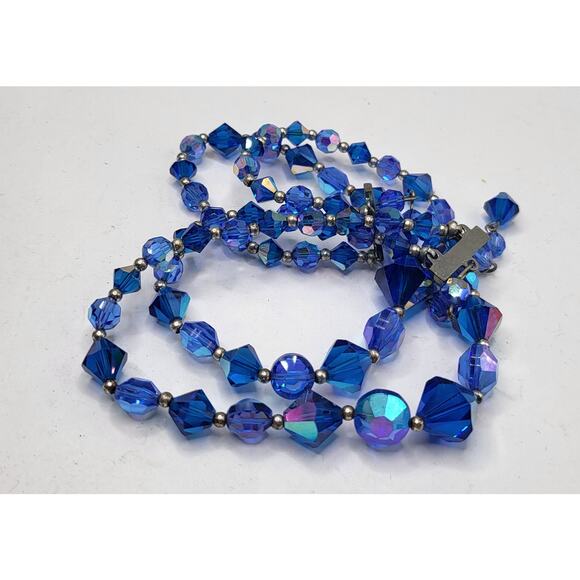 Vintage Blue Crystal AB Bead Double Strand Necklace 1950s Adjustable - Picture 2 of 6